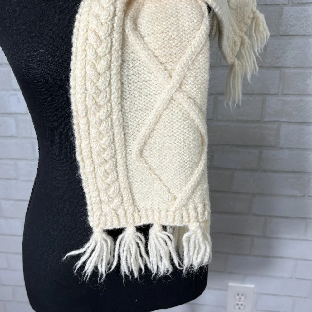 Wool Cable Knit Scarf‎ Chunky Fringe Fisherman Classic Hand Knit
